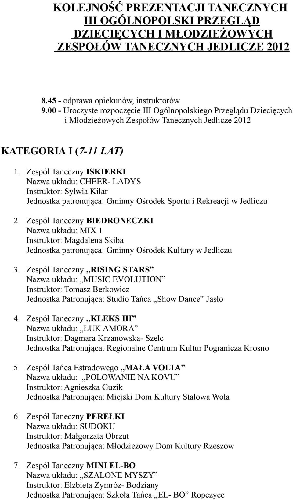 Zespół Taneczny ISKIERKI Nazwa układu: CHEER- LADYS Instruktor: Sylwia Kilar Jednostka patronująca: Gminny Ośrodek Sportu i Rekreacji w Jedliczu 2.