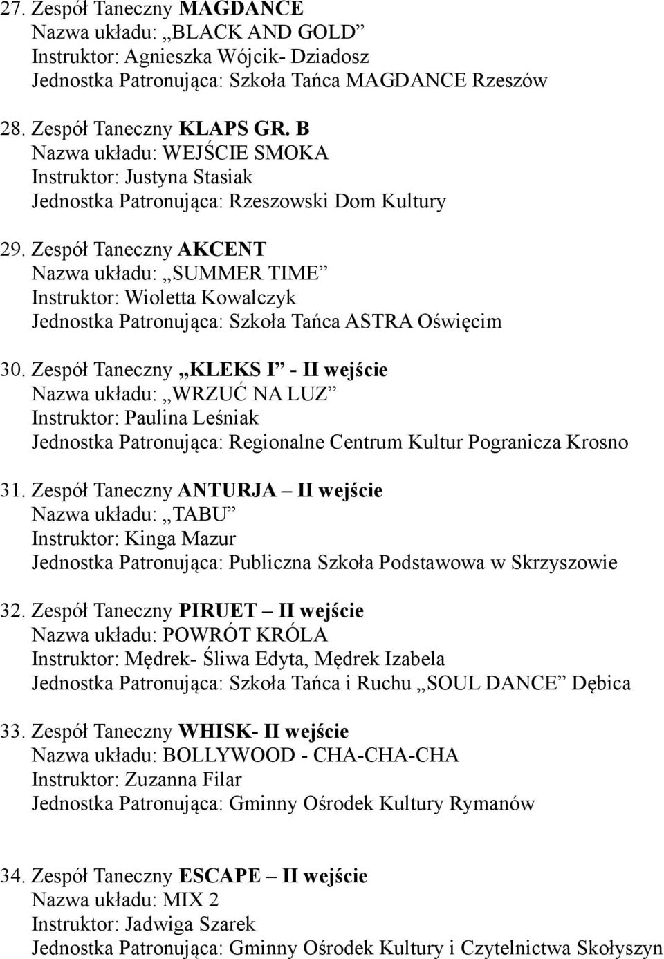 Zespół Taneczny AKCENT Nazwa układu: SUMMER TIME Jednostka Patronująca: Szkoła Tańca ASTRA Oświęcim 30. Zespół Taneczny KLEKS I - II wejście Nazwa układu: WRZUĆ NA LUZ Instruktor: Paulina Leśniak 31.