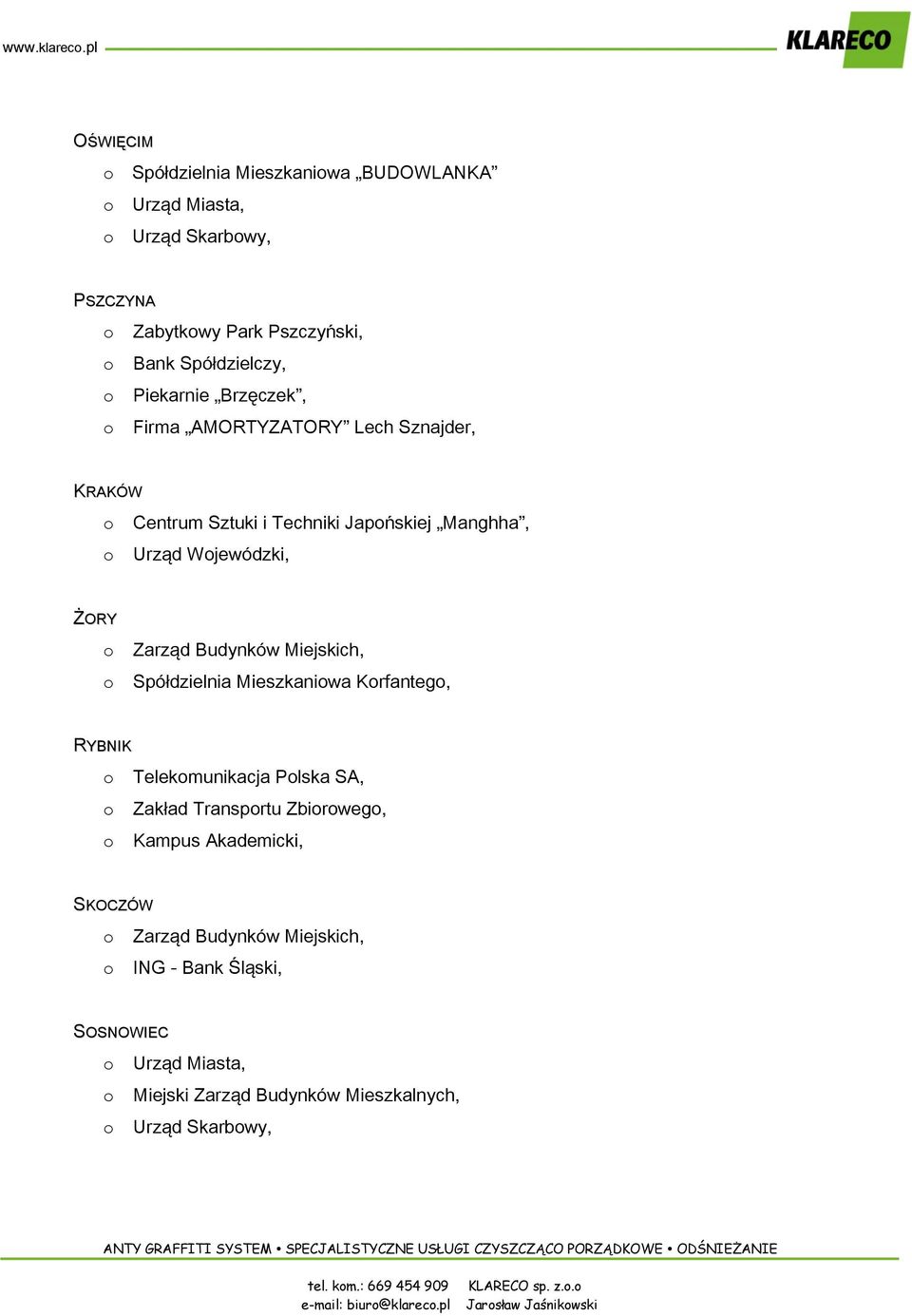 Firma AMORTYZATORY Lech Sznajder, KRAKÓW Centrum Sztuki i Techniki Japńskiej Manghha, Urząd Wjewódzki, ŻORY Zarząd Budynków Miejskich, Spółdzielnia