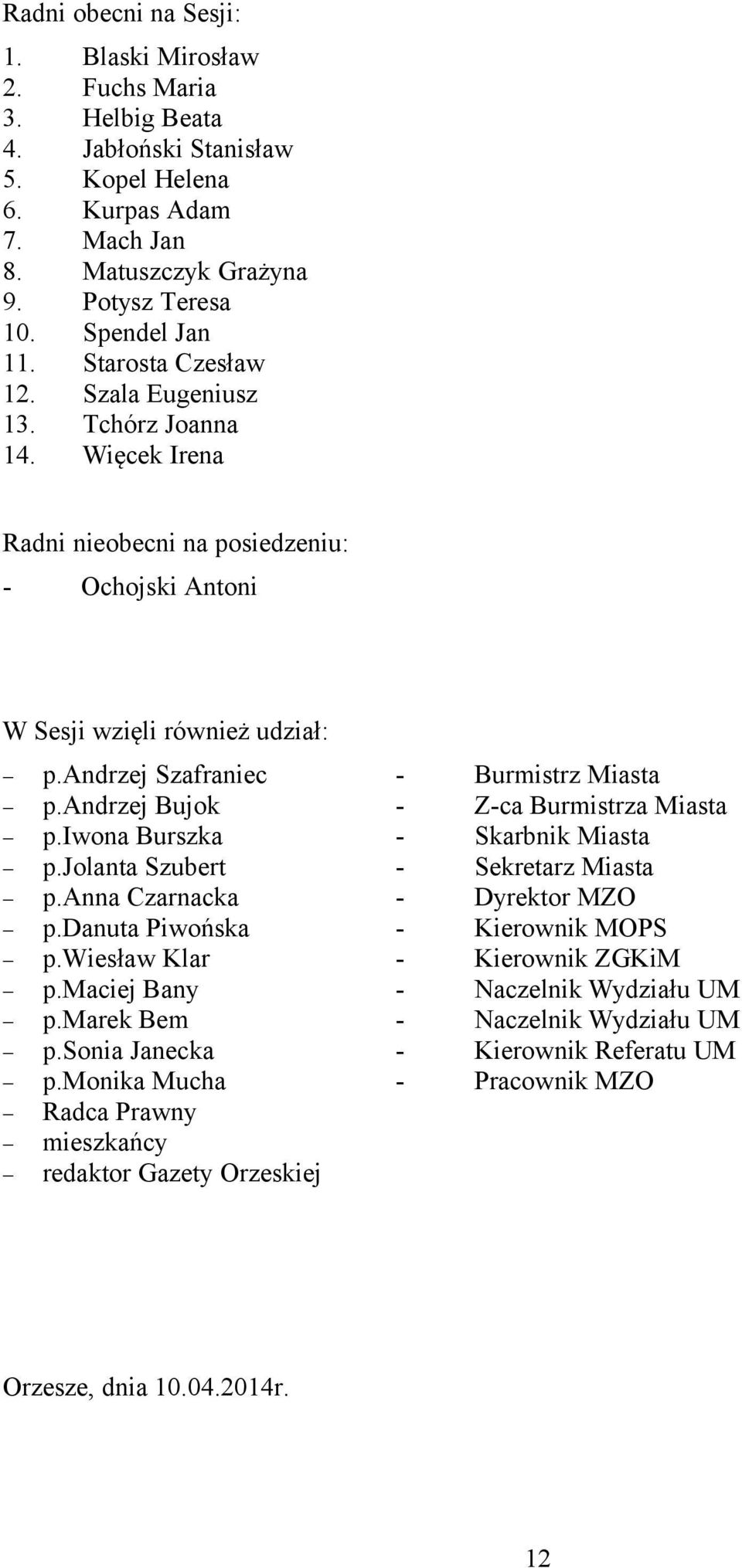 andrzej Bujok - Z-ca Burmistrza Miasta p.iwona Burszka - Skarbnik Miasta p.jolanta Szubert - Sekretarz Miasta p.anna Czarnacka - Dyrektor MZO p.danuta Piwońska - Kierownik MOPS p.