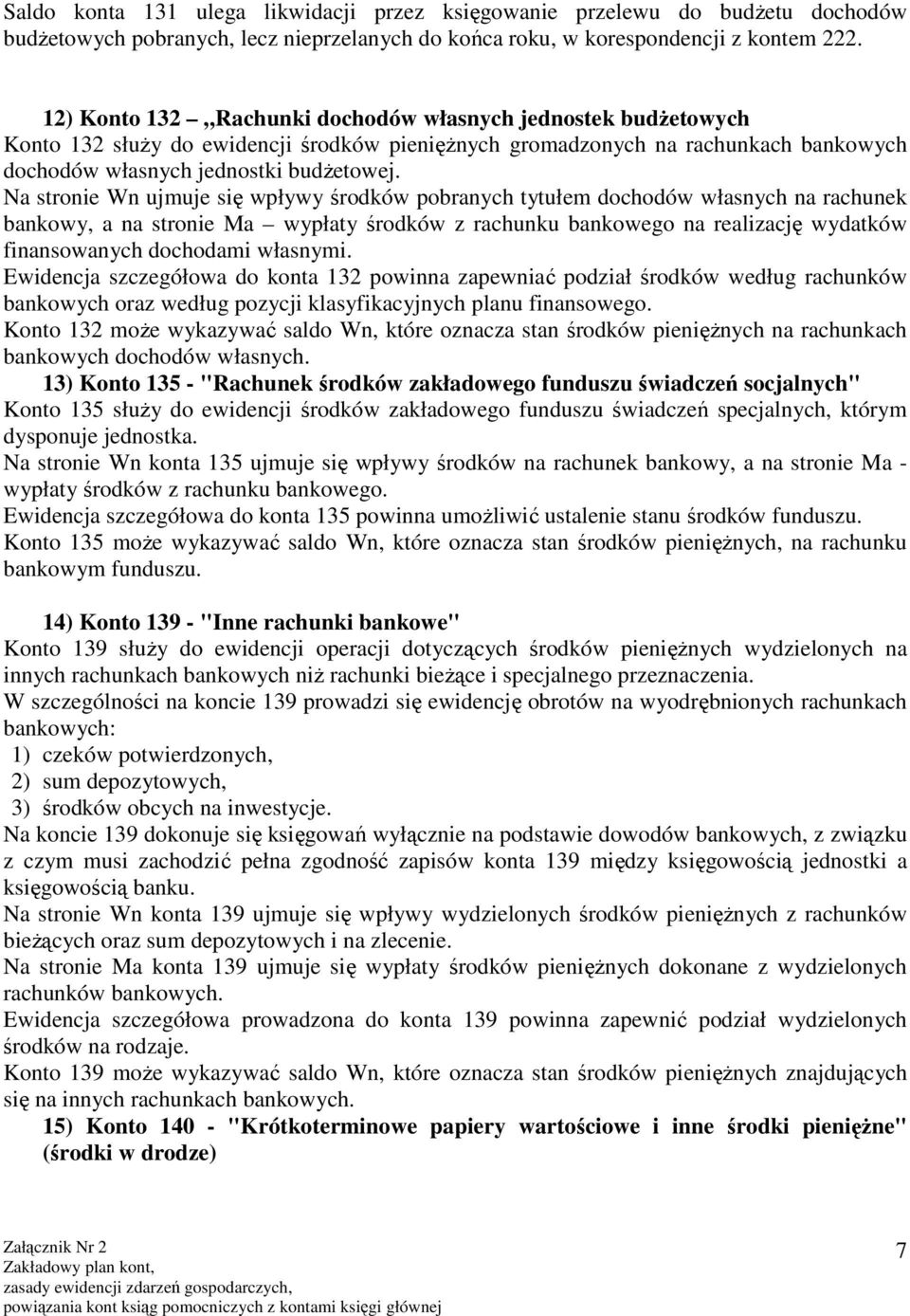 Na stronie Wn ujmuje się wpływy środków pobranych tytułem dochodów własnych na rachunek bankowy, a na stronie Ma wypłaty środków z rachunku bankowego na realizację wydatków finansowanych dochodami