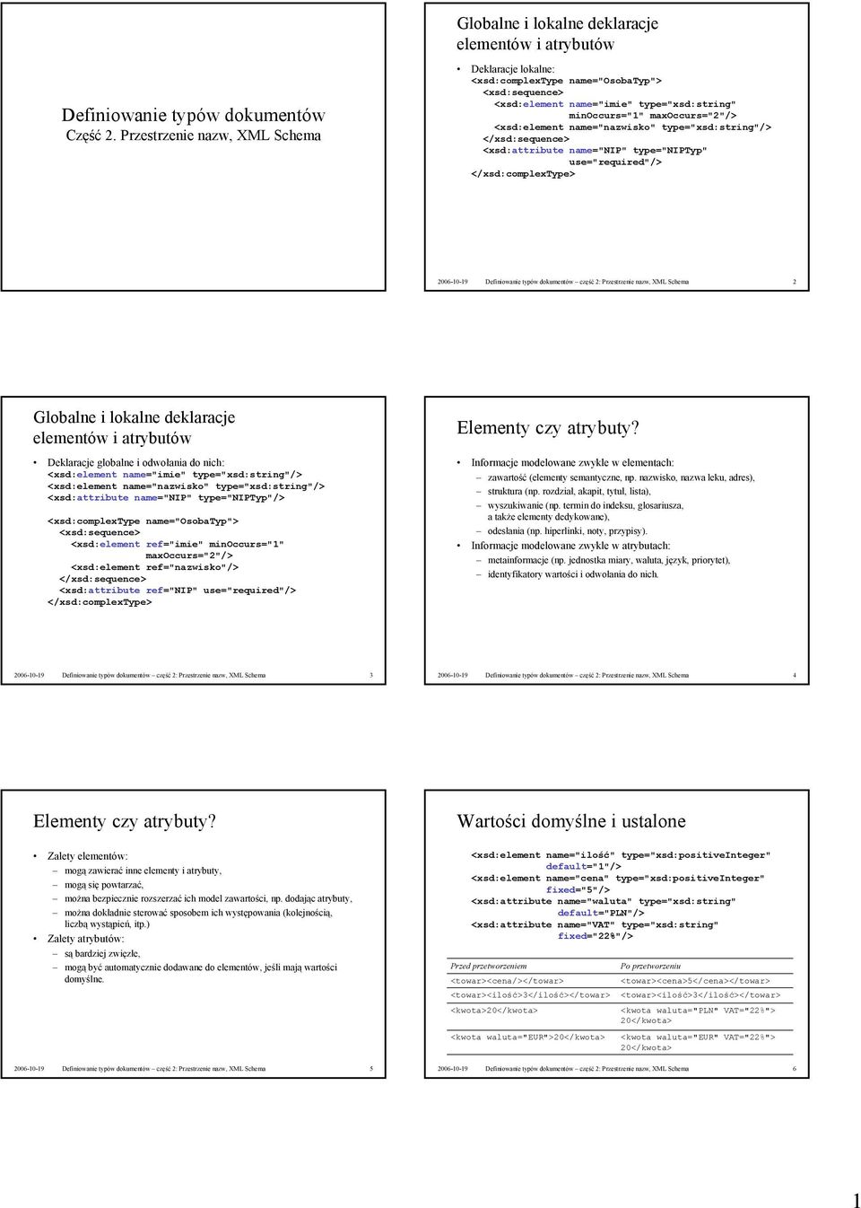 <xsd:attribute name="" type="typ" use="required"/> 2006-10-19 Definiowanie typów dokumentów część 2: Przestrzenie nazw, XML Schema 2 Globalne i lokalne deklaracje elementów i atrybutów Deklaracje