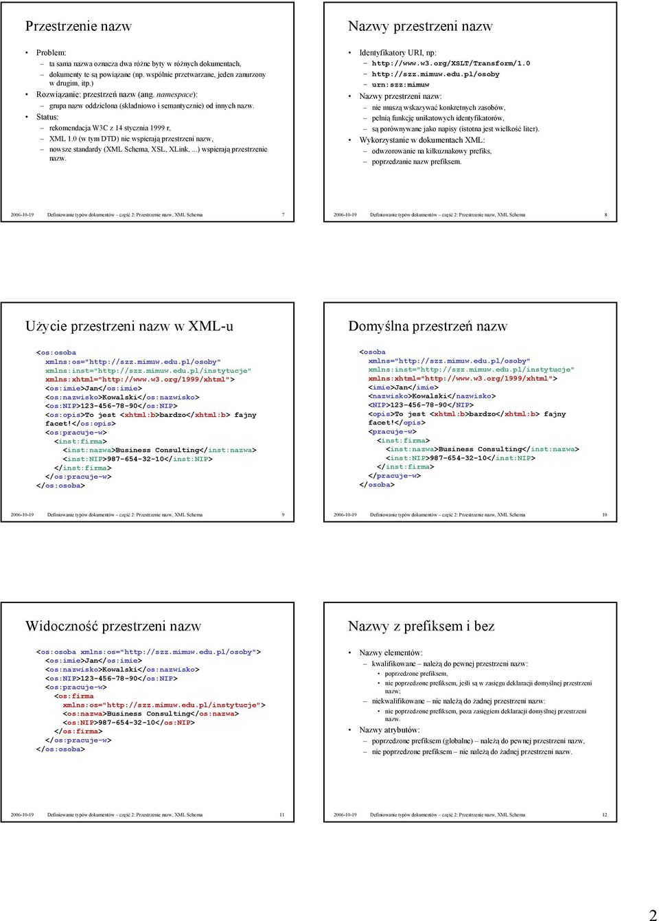 0 (w tym DTD) nie wspierają przestrzeni nazw, nowsze standardy (XML Schema, XSL, XLink, ) wspierają przestrzenie Identyfikatory URI, np: http://www.w3.org/xslt/transform/1.