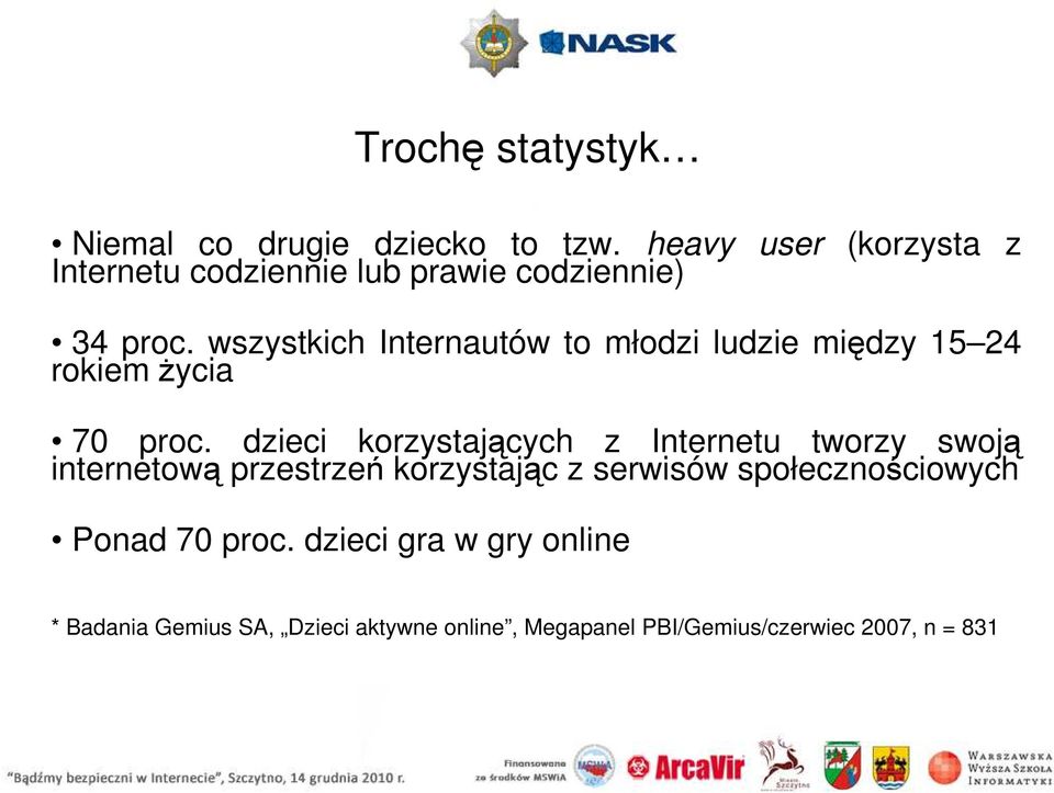 wszystkich Internautów to młodzi ludzie między 15 24 rokiem Ŝycia 70 proc.