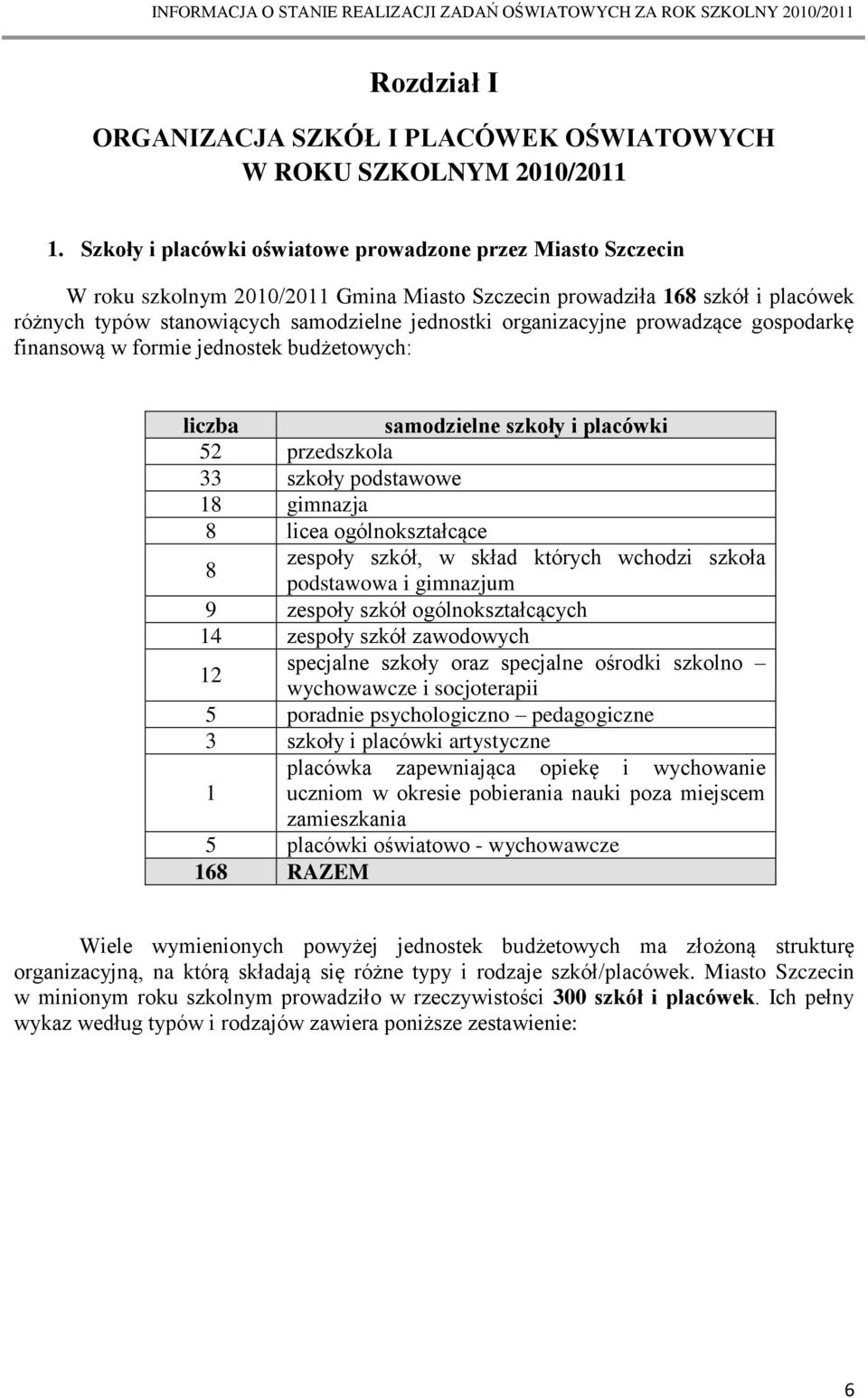 organizacyjne prowadzące gospodarkę finansową w formie jednostek budżetowych: liczba samodzielne szkoły i placówki 52 przedszkola 33 szkoły podstawowe 18 gimnazja 8 licea ogólnokształcące 8 zespoły