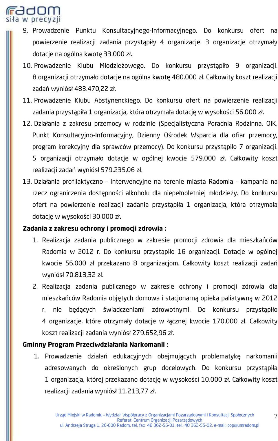 Prowadzenie Klubu Abstynenckiego. Do konkursu ofert na powierzenie realizacji zadania przystąpiła 1 organizacja, która otrzymała dotację w wysokości 56.000 zł. 12.