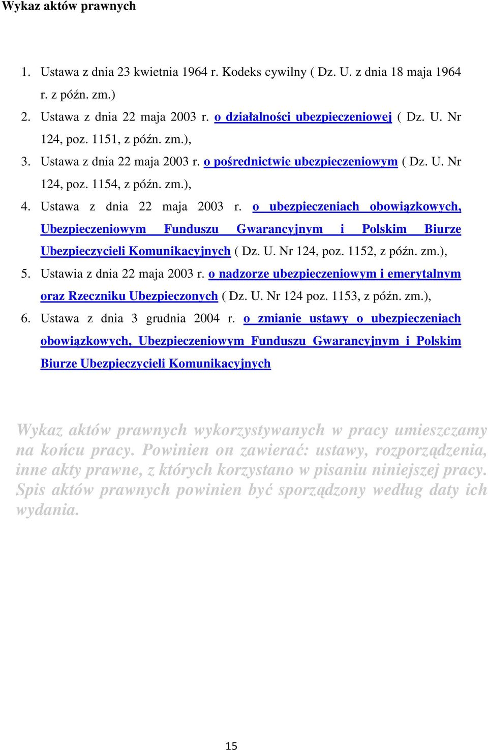 U. Nr 124, poz. 1152, z późn. zm.), 5. Ustawia z dnia 22 maja 2003 r. o nadzorze ubezpieczeniowym i emerytalnym oraz Rzeczniku Ubezpieczonych ( Dz. U. Nr 124 poz. 1153, z późn. zm.), 6.