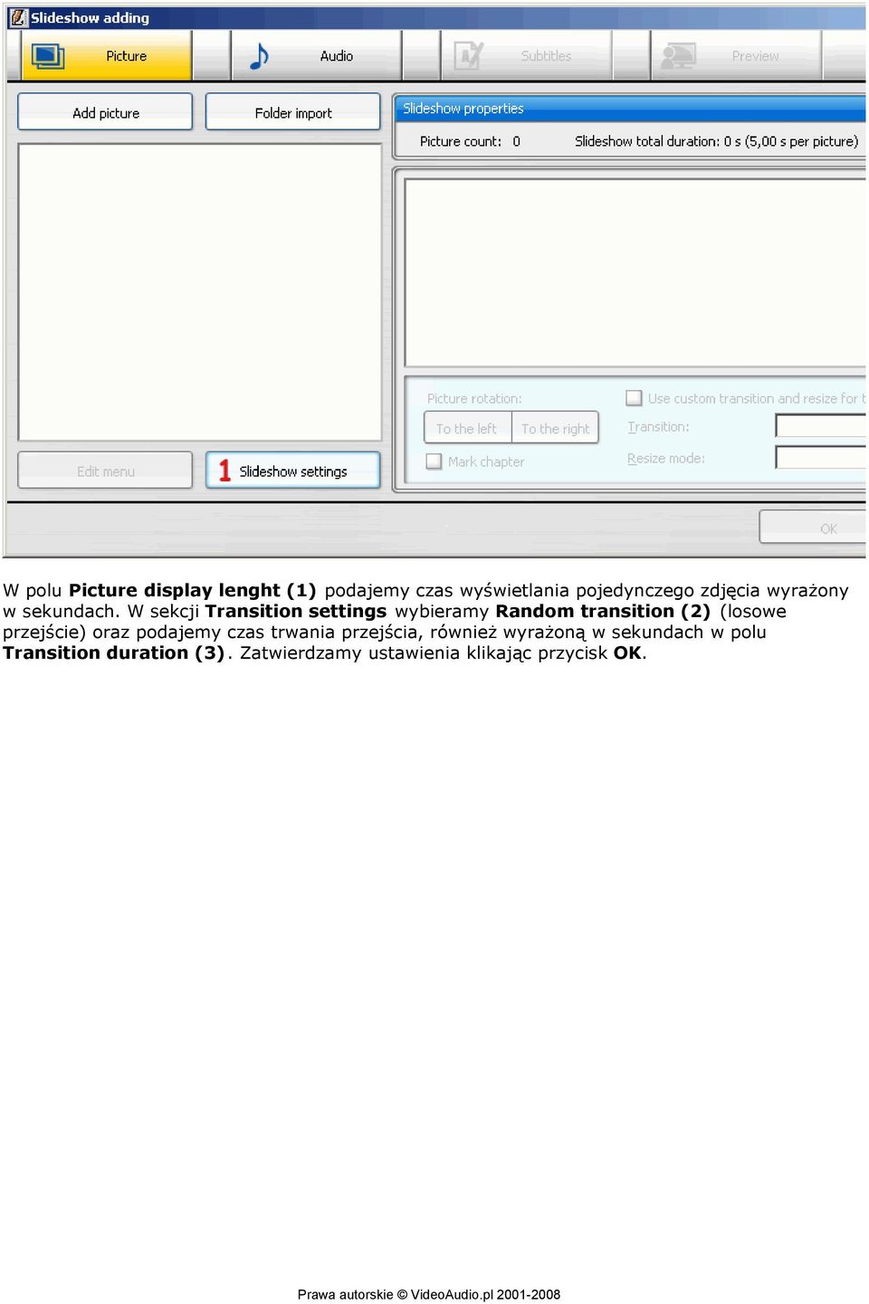 W sekcji Transition settings wybieramy Random transition (2) (losowe przejście)