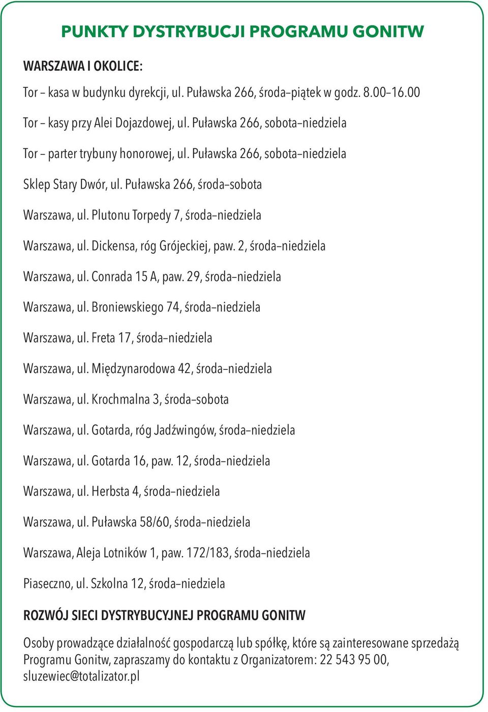 Plutonu Torpedy 7, środa niedziela Warszawa, ul. Dickensa, róg Grójeckiej, paw. 2, środa niedziela Warszawa, ul. Conrada 15 A, paw. 29, środa niedziela Warszawa, ul.