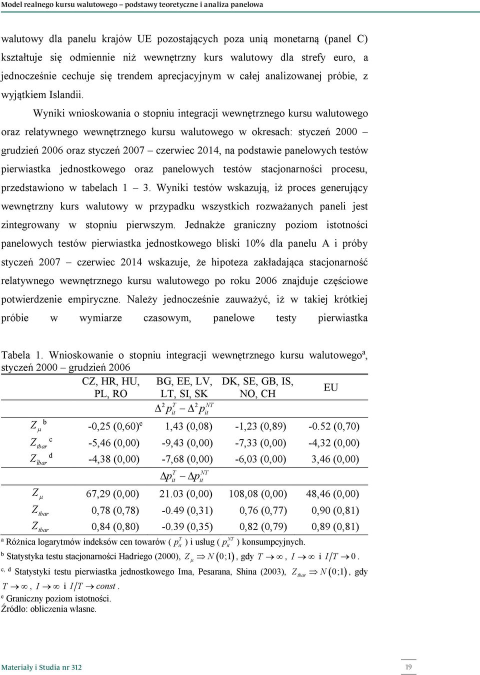 Wyniki wnioskowania o sopniu inegracji wewnęrznego kursu waluowego oraz relaywnego wewnęrznego kursu waluowego w okresach: syczeń 2000 grudzień 2006 oraz syczeń 2007 czerwiec 2014, na podsawie