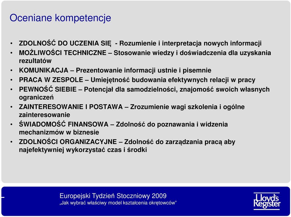 Potencjał dla samodzielności, znajomość swoich własnych ograniczeń ZAINTERESOWANIE I POSTAWA Zrozumienie wagi szkolenia i ogólne zainteresowanie ŚWIADOMOŚĆ