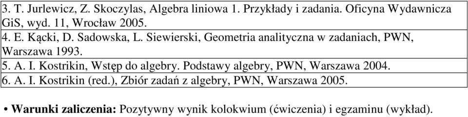 Siewierski, Geometria analityczna w zadaniach, PWN, Warszawa 993. 5. A. I. Kostrikin, Wstęp do algebry.