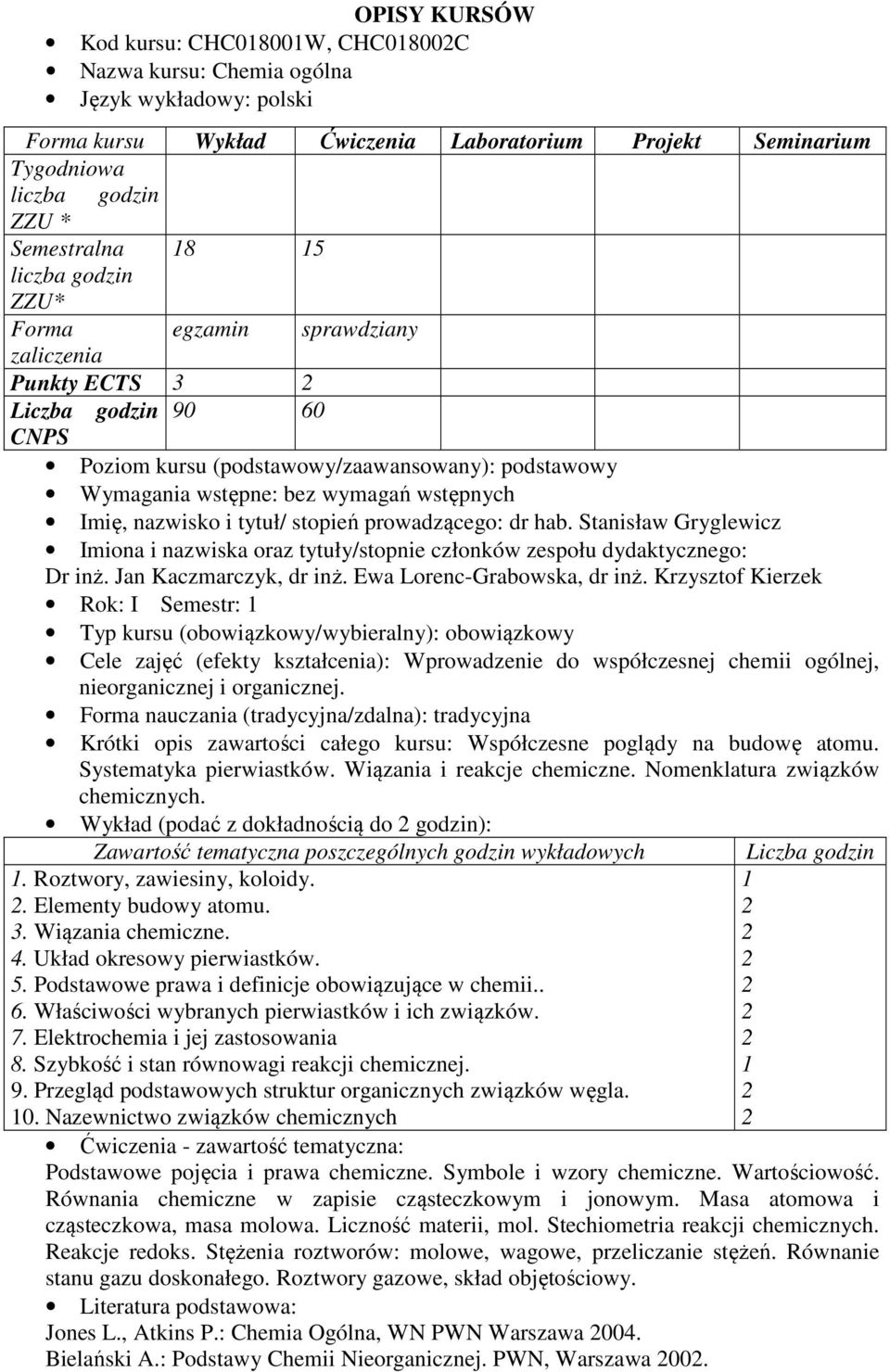 nazwisko i tytuł/ stopień prowadzącego: dr hab. Stanisław Gryglewicz Imiona i nazwiska oraz tytuły/stopnie członków zespołu dydaktycznego: Dr inż. Jan Kaczmarczyk, dr inż.