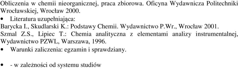 , Skudlarski K.: Podstawy Chemii. Wydawnictwo P.Wr., Wrocław 00. Szmal Z.S., Lipiec T.