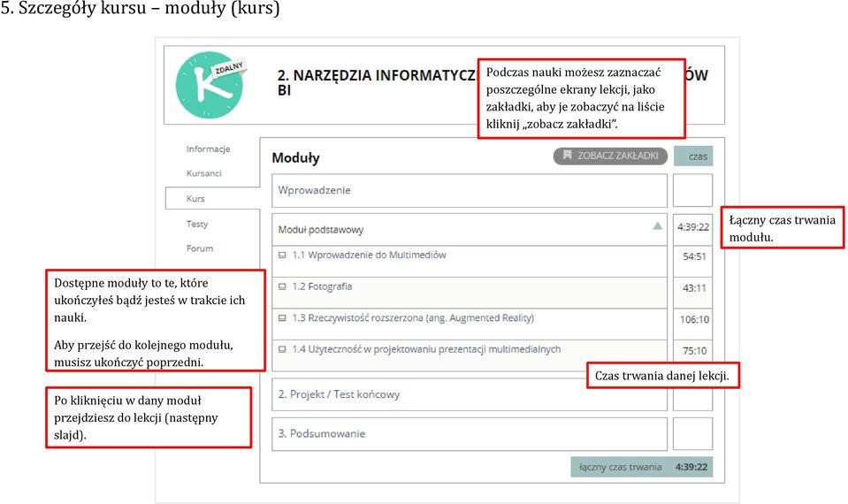 Dostępne moduły to te, które ukończyłeś bądź jesteś w trakcie ich nauki.