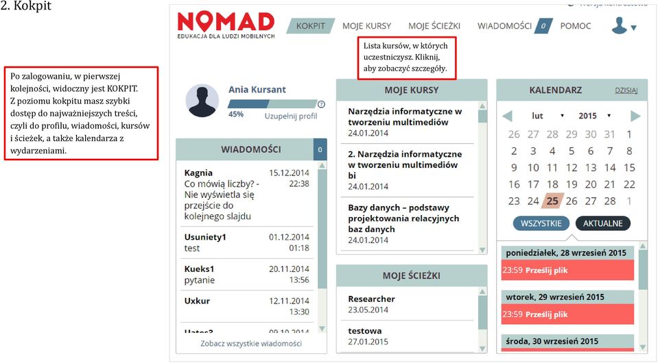 profilu, wiadomości, kursów i ścieżek, a także kalendarza z wydarzeniami.