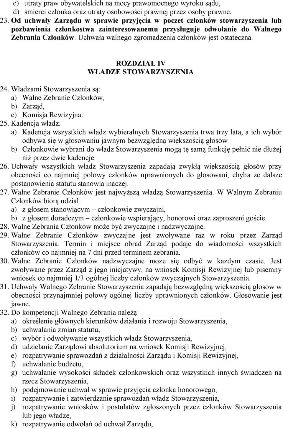 Uchwała walnego zgromadzenia członków jest ostateczna. ROZDZIAŁ IV WŁADZE STOWARZYSZENIA 24. Władzami Stowarzyszenia są: a) Walne Zebranie Członków, b) Zarząd, c) Komisja Rewizyjna. 25.