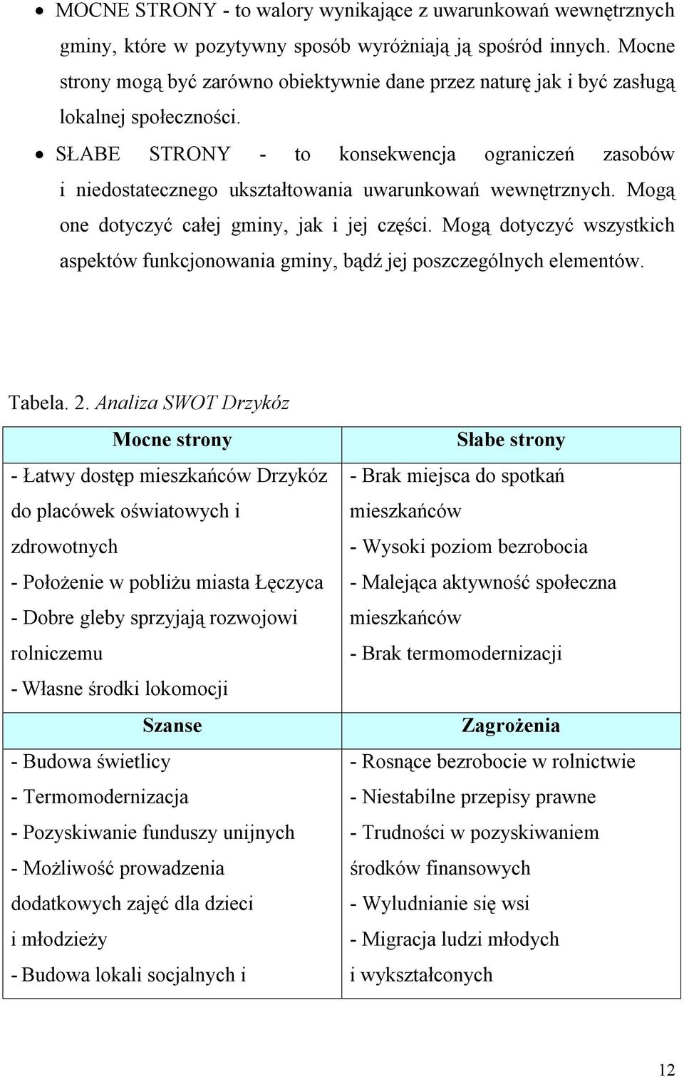 SŁABE STRONY - to konsekwencja ograniczeń zasobów i niedostatecznego ukształtowania uwarunkowań wewnętrznych. Mogą one dotyczyć całej gminy, jak i jej części.