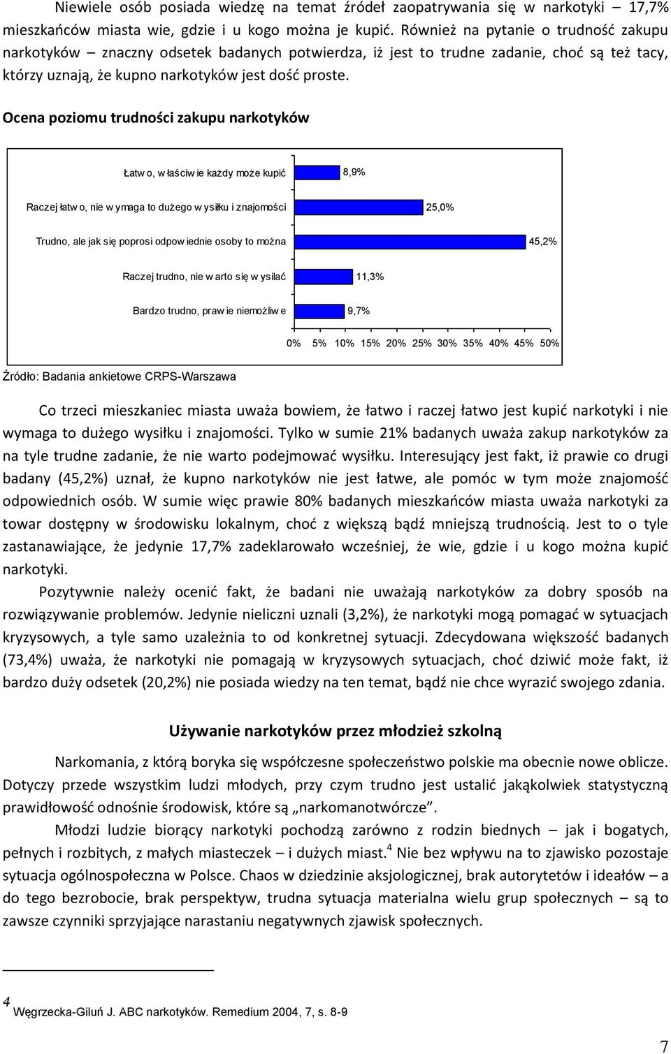 Ocena poziomu trudności zakupu narkotyków Łatw o, w łaściw ie każdy może kupić 8,9% Raczej łatw o, nie w ymaga to dużego w ysiłku i znajomości 25,0% Trudno, ale jak się poprosi odpow iednie osoby to