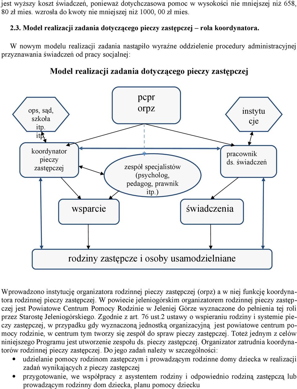 W nowym modelu realizacji zadania nastąpiło wyraźne oddzielenie procedury administracyjnej przyznawania świadczeń od pracy socjalnej: Model realizacji zadania dotyczącego pieczy zastępczej ops, sąd,