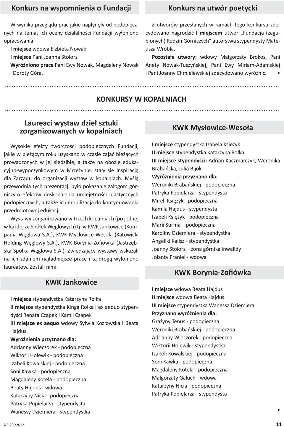 Konkurs na utwór poetycki Z utworów przesłanych w ramach tego konkursu zdecydowano nagrodzić I miejscem utwór Fundacja (zagubionych) Rodzin Górniczych autorstwa stypendysty Mateusza Wróbla.