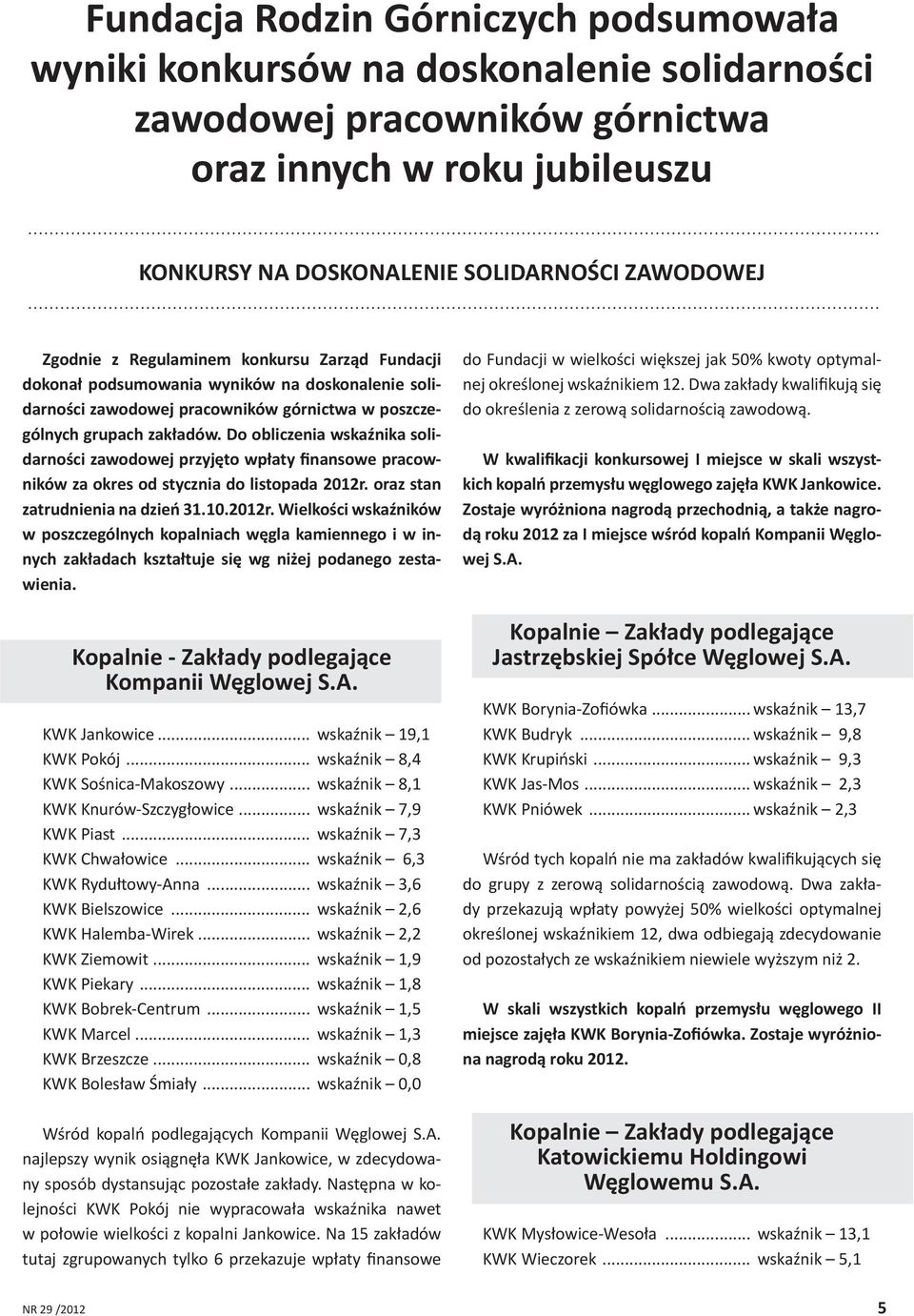 Do obliczenia wskaźnika solidarności zawodowej przyjęto wpłaty finansowe pracowników za okres od stycznia do listopada 2012r.
