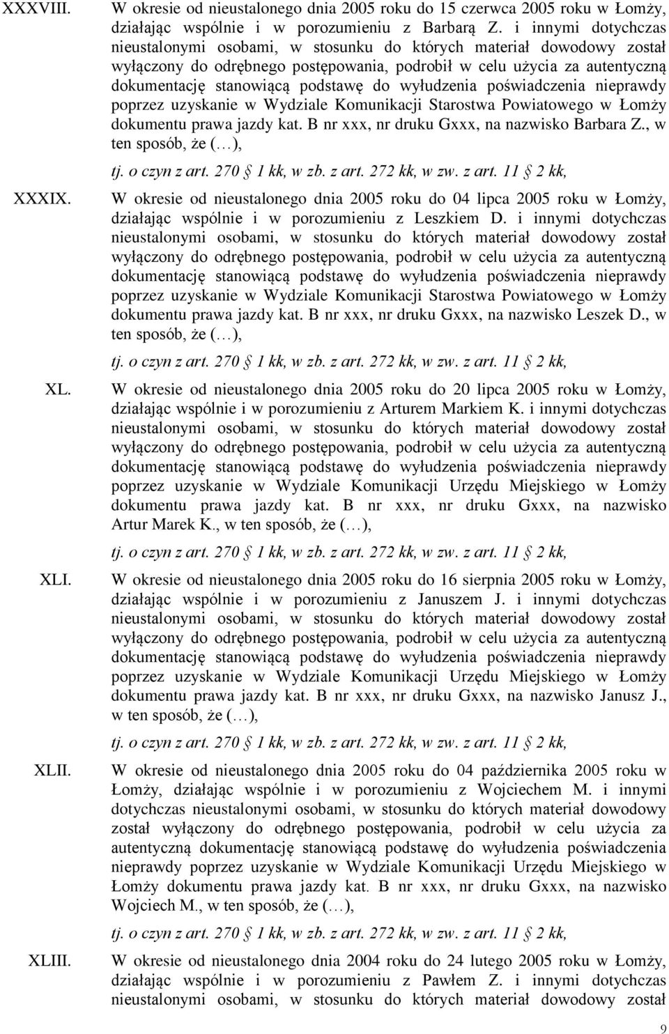 , w ten sposób, że ( ), W okresie od nieustalonego dnia 2005 roku do 04 lipca 2005 roku w Łomży, działając wspólnie i w porozumieniu z Leszkiem D. i innymi dotychczas dokumentu prawa jazdy kat.