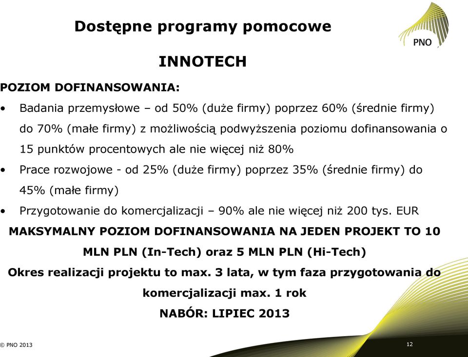 firmy) do 45% (małe firmy) Przygotowanie do komercjalizacji 90% ale nie więcej niż 200 tys.
