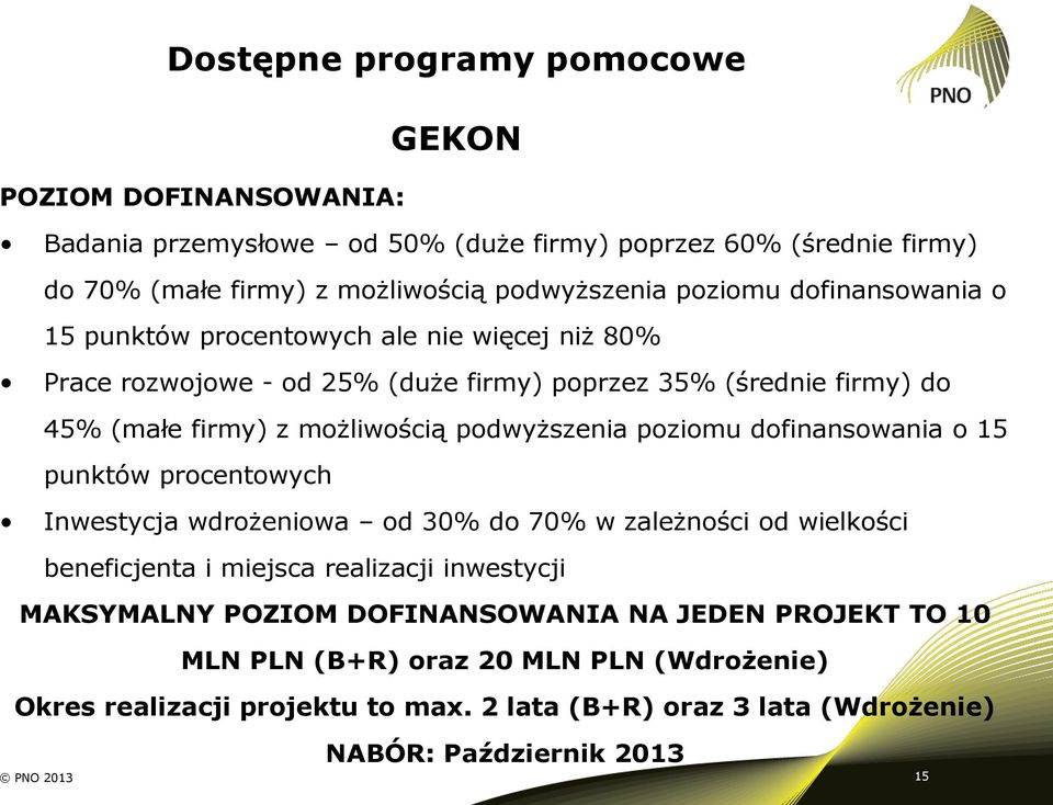 poziomu dofinansowania o 15 punktów procentowych GEKON Inwestycja wdrożeniowa od 30% do 70% w zależności od wielkości beneficjenta i miejsca realizacji inwestycji MAKSYMALNY