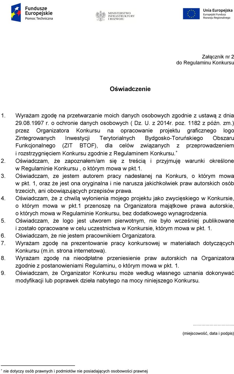 ) przez Organizatora Konkursu na opracowanie projektu graficznego logo Zintegrowanych Inwestycji Terytorialnych Bydgosko-Toruńskiego Obszaru Funkcjonalnego (ZIT BTOF), dla celów związanych z