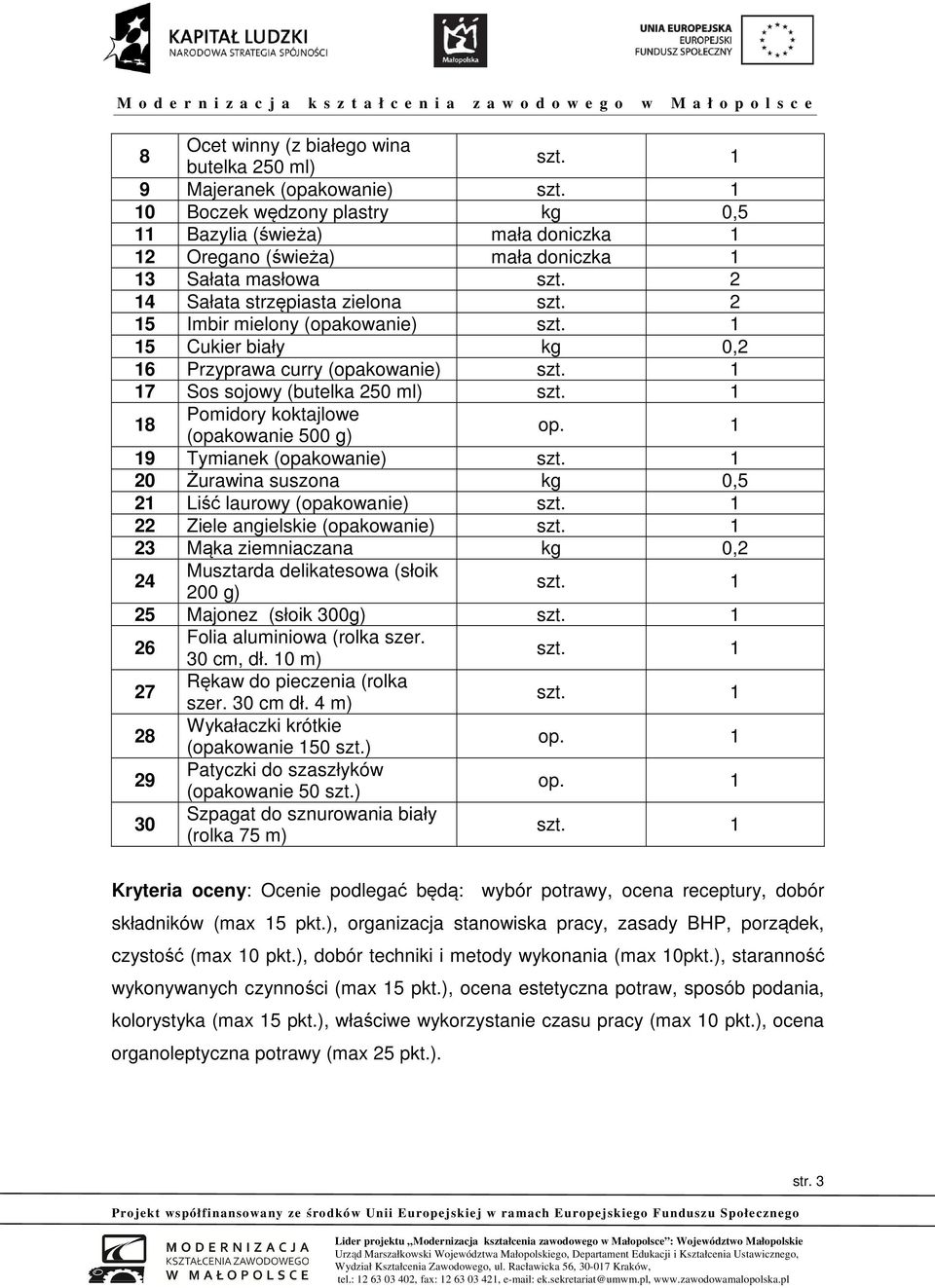 2 15 Imbir mielony (opakowanie) szt. 1 15 Cukier biały kg 0,2 16 Przyprawa curry (opakowanie) szt. 1 17 Sos sojowy (butelka 250 ml) szt. 1 18 Pomidory koktajlowe (opakowanie 500 g) op.