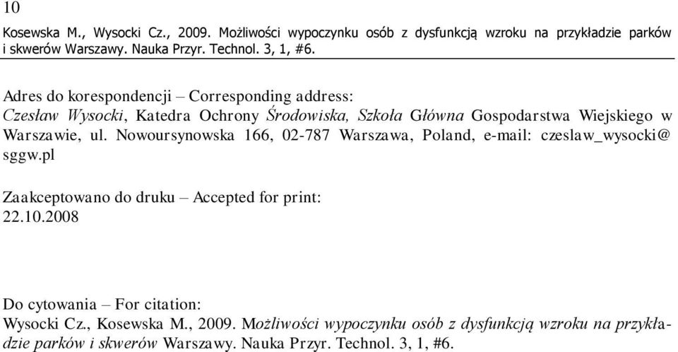 Wysocki, Katedra Ochrony Środowiska, Szkoła Główna Gospodarstwa Wiejskiego w Warszawie, ul.