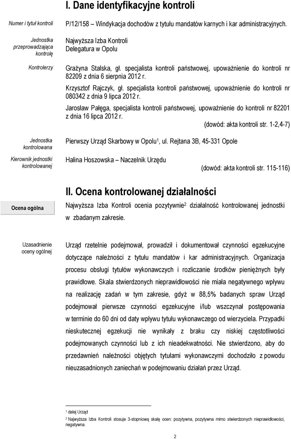 specjalista kontroli państwowej, upoważnienie do kontroli nr 080342 z dnia 9 lipca 2012 r. Jarosław Pałęga, specjalista kontroli państwowej, upoważnienie do kontroli nr 82201 z dnia 16 lipca 2012 r.