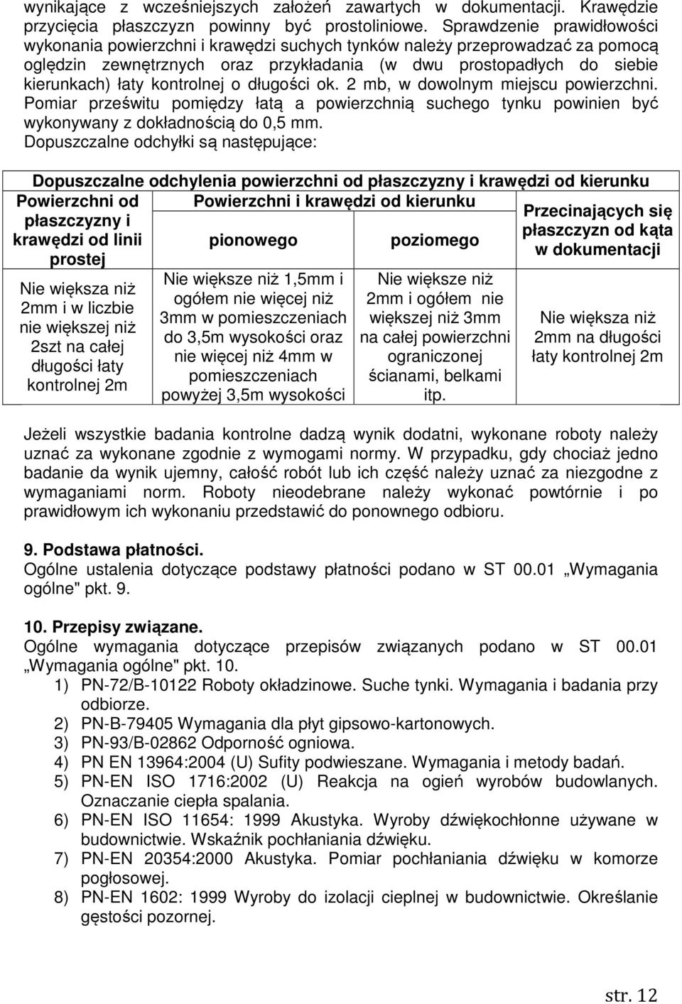 kontrolnej o długości ok. 2 mb, w dowolnym miejscu powierzchni. Pomiar prześwitu pomiędzy łatą a powierzchnią suchego tynku powinien być wykonywany z dokładnością do 0,5 mm.