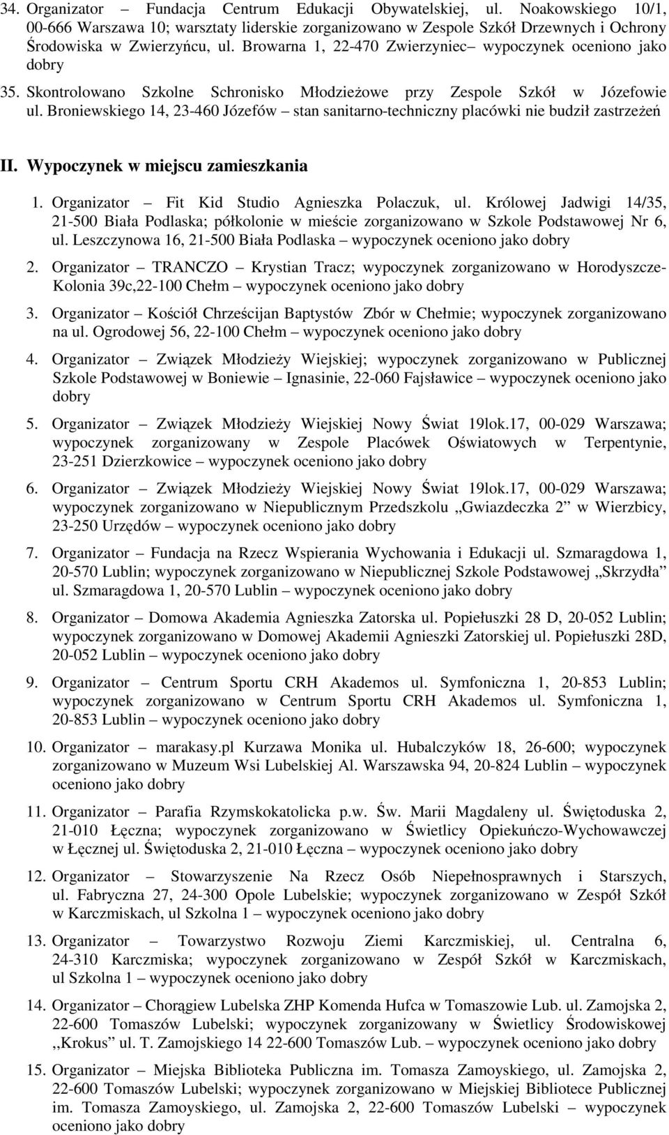 Broniewskiego 14, 23-460 Józefów stan sanitarno-techniczny placówki nie budził zastrzeŝeń II. Wypoczynek w miejscu zamieszkania 1. Organizator Fit Kid Studio Agnieszka Polaczuk, ul.