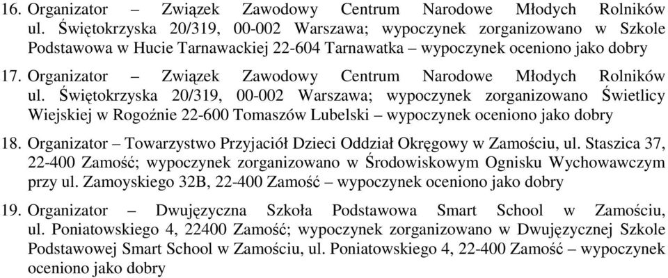 Organizator Towarzystwo Przyjaciół Dzieci Oddział Okręgowy w Zamościu, ul. Staszica 37, 22-400 Zamość; wypoczynek zorganizowano w Środowiskowym Ognisku Wychowawczym przy ul.