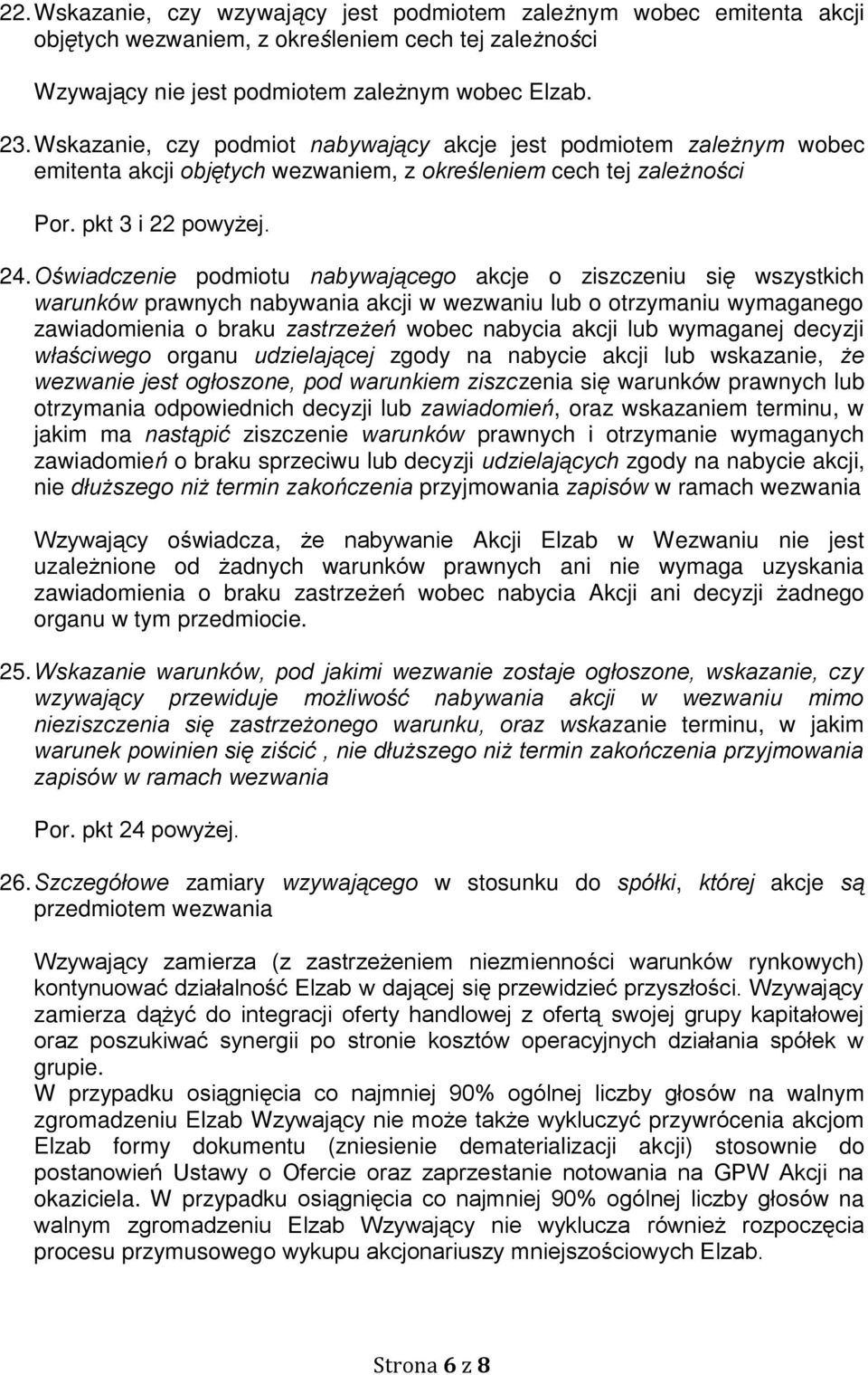 Oświadczenie podmiotu nabywającego akcje o ziszczeniu się wszystkich warunków prawnych nabywania akcji w wezwaniu lub o otrzymaniu wymaganego zawiadomienia o braku zastrzeżeń wobec nabycia akcji lub