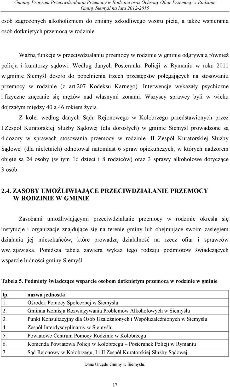 Według danych Posterunku Policji w Rymaniu w roku 2011 w gminie Siemyśl doszło do popełnienia trzech przestępstw polegających na stosowaniu przemocy w rodzinie (z art.207 Kodeksu Karnego).