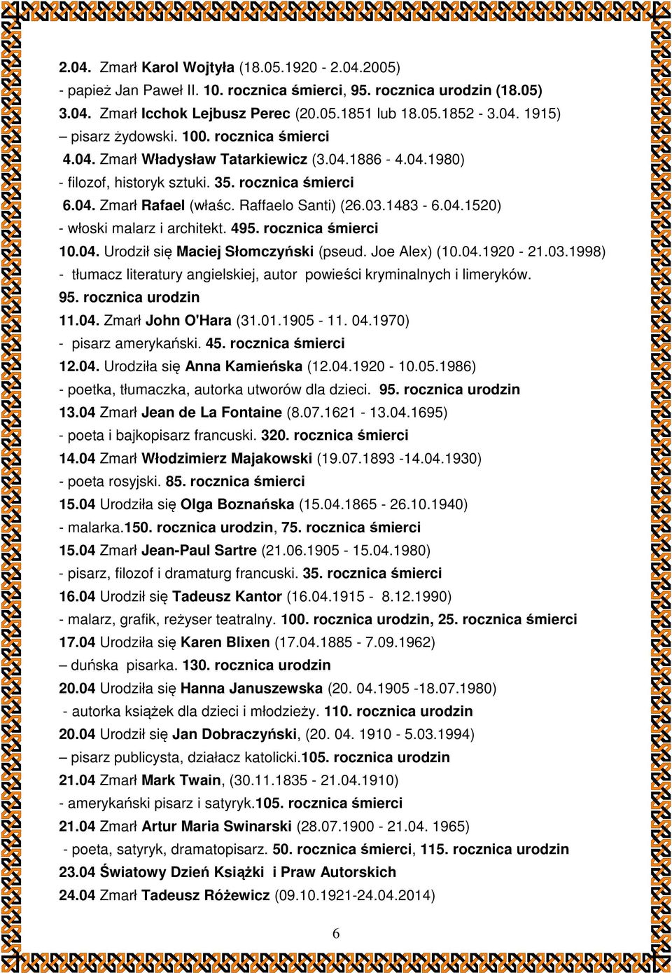 495. rocznica śmierci 10.04. Urodził się Maciej Słomczyński (pseud. Joe Alex) (10.04.1920-21.03.1998) - tłumacz literatury angielskiej, autor powieści kryminalnych i limeryków. 95.