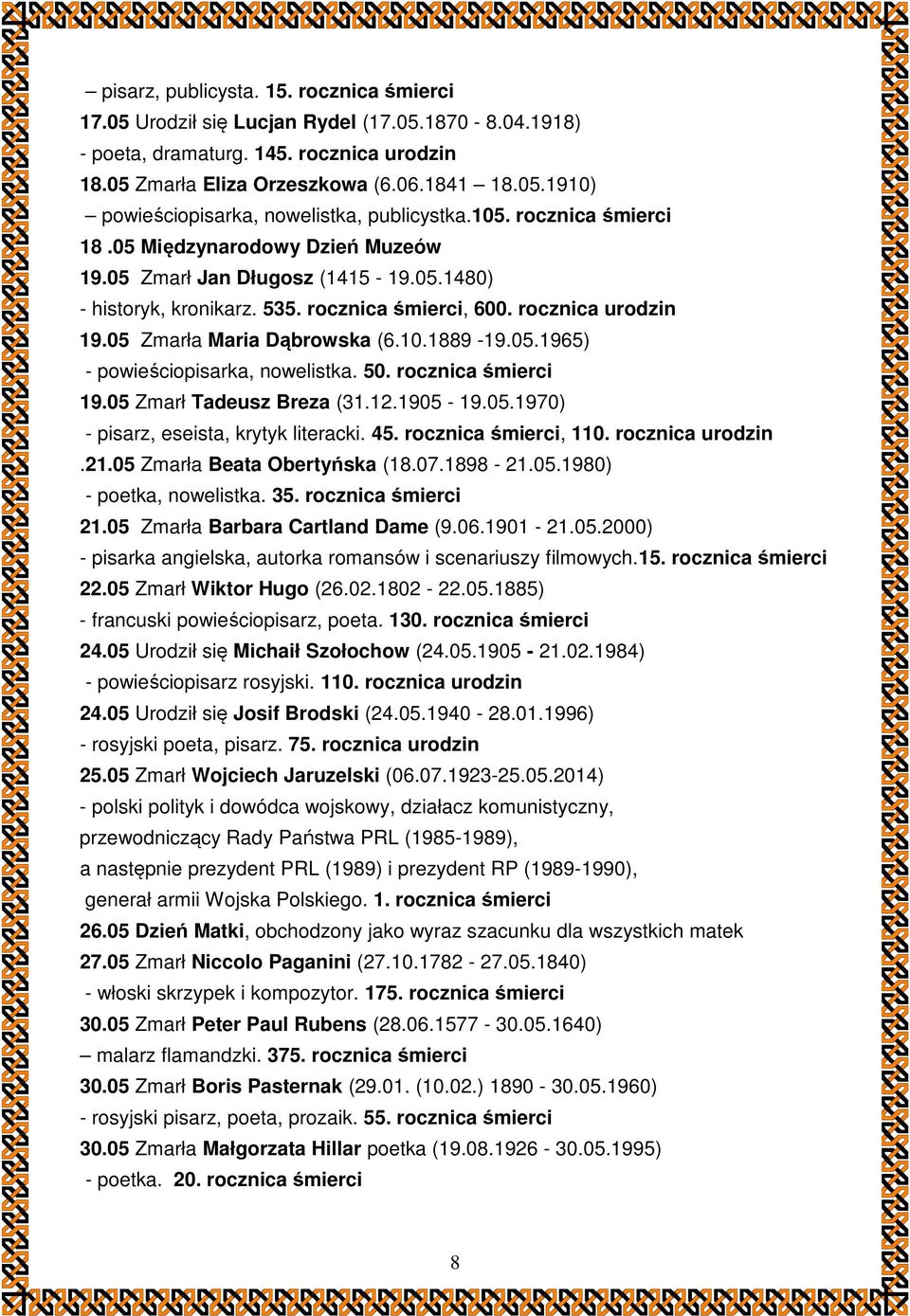 10.1889-19.05.1965) - powieściopisarka, nowelistka. 50. rocznica śmierci 19.05 Zmarł Tadeusz Breza (31.12.1905-19.05.1970) - pisarz, eseista, krytyk literacki. 45. rocznica śmierci, 110.