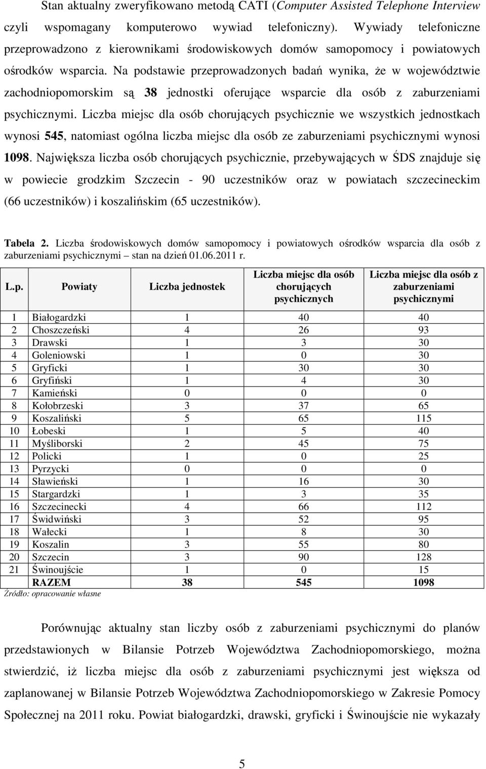 Na podstawie przeprowadzonych badań wynika, Ŝe w województwie zachodniopomorskim są 38 jednostki oferujące wsparcie dla osób z zaburzeniami psychicznymi.