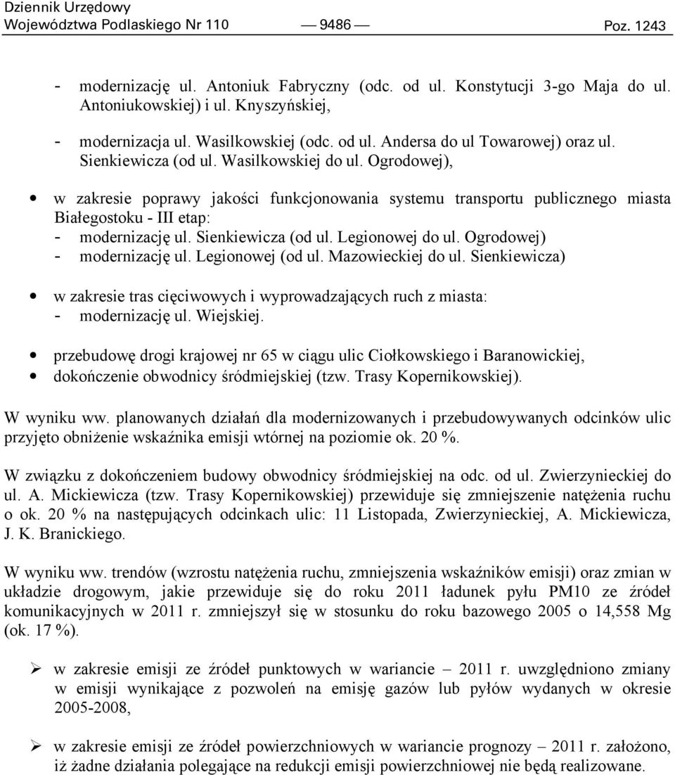 Ogrodowej), w zakresie poprawy jakości funkcjonowania systemu transportu publicznego miasta Białegostoku - III etap: - modernizację ul. Sienkiewicza (od ul. Legionowej do ul.