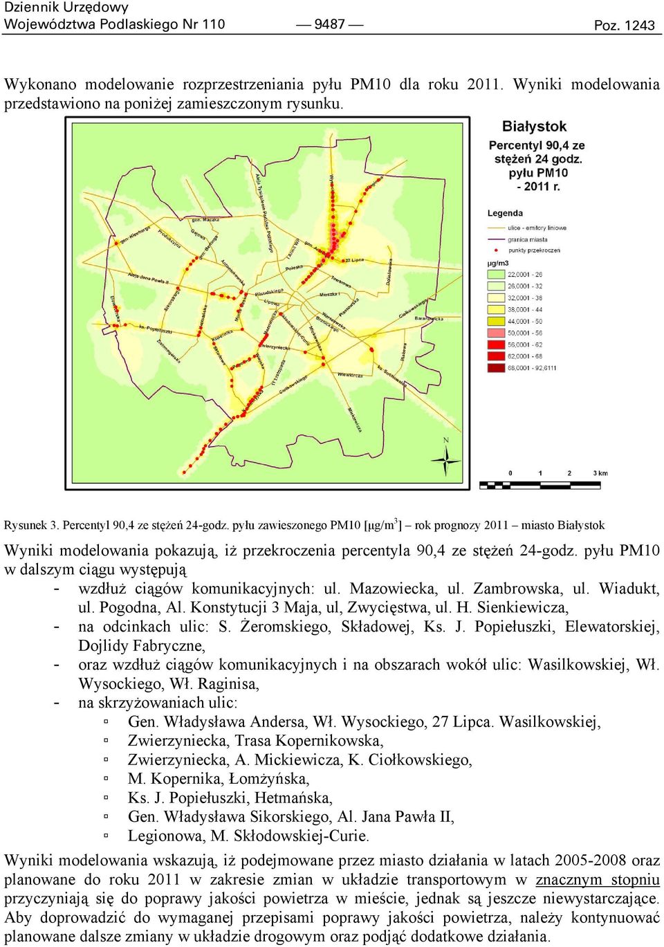 pyłu PM10 w dalszym ciągu występują - wzdłuŝ ciągów komunikacyjnych: ul. Mazowiecka, ul. Zambrowska, ul. Wiadukt, ul. Pogodna, Al. Konstytucji 3 Maja, ul, Zwycięstwa, ul. H.
