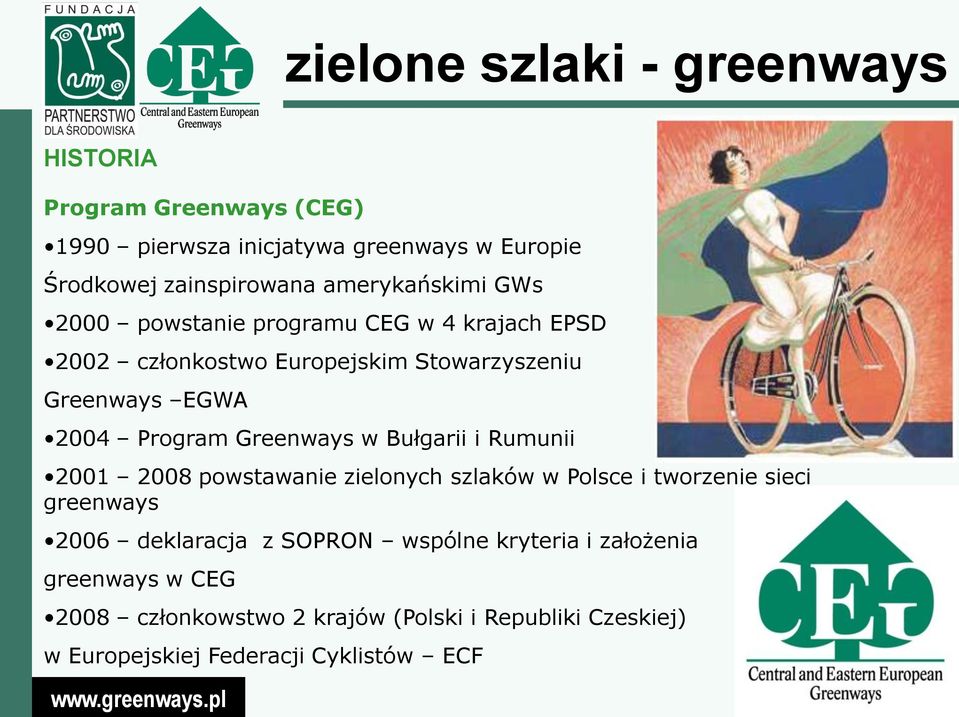 Bułgarii i Rumunii 2001 2008 powstawanie zielonych szlaków w Polsce i tworzenie sieci greenways 2006 deklaracja z SOPRON