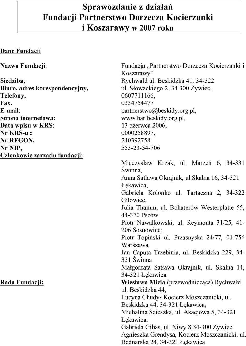 pl, Strona internetoa:.bar.beskidy.org.pl, Data pisu KRS: 13 czerca 2006, Nr KRS-u : 0000258897, Nr REGON, 240392758 Nr NIP, 553-23-54-706 Członkoie zarządu fundacji: Mieczysła Krzak, ul.