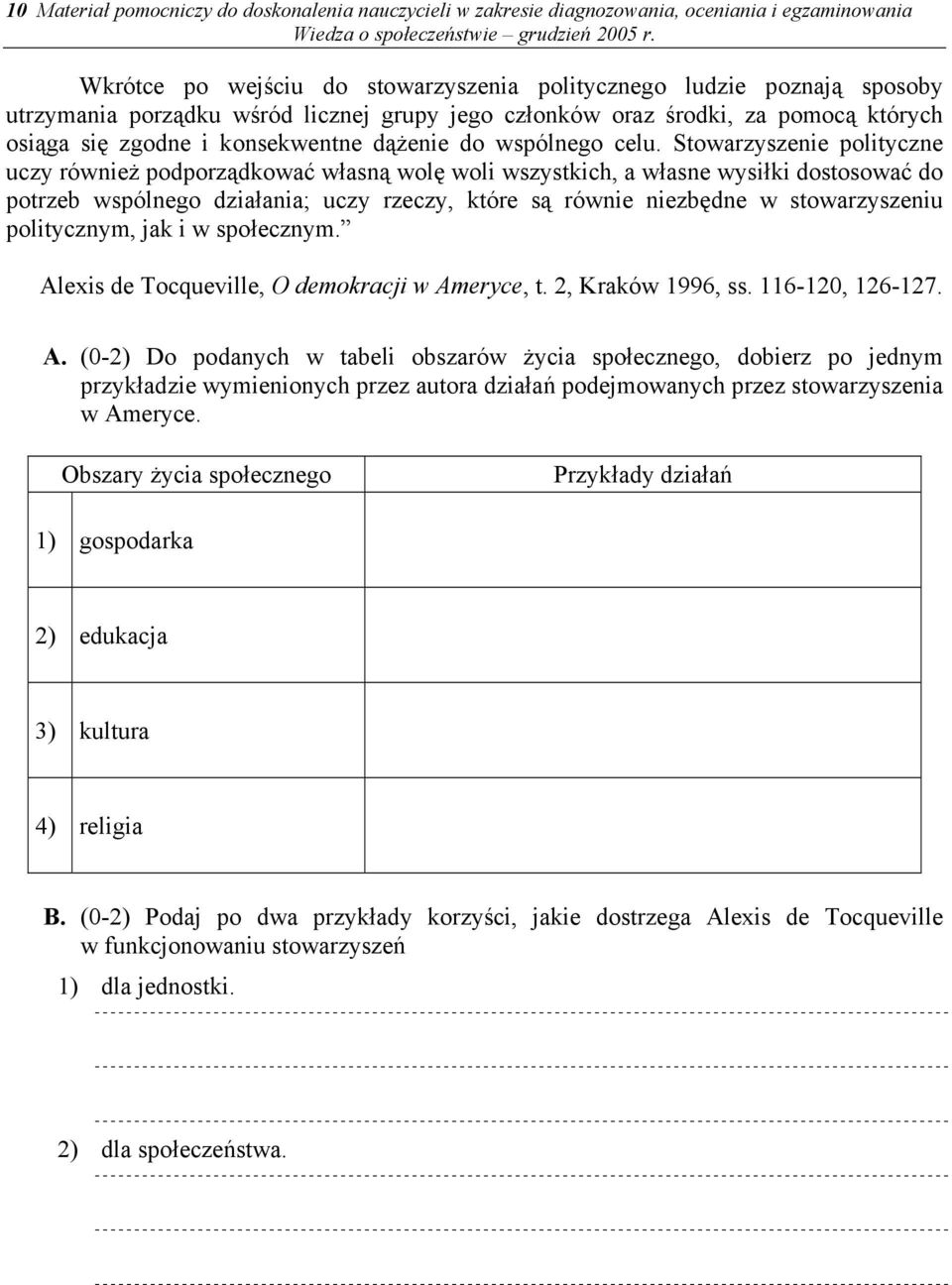 Stowarzyszenie polityczne uczy również podporządkować własną wolę woli wszystkich, a własne wysiłki dostosować do potrzeb wspólnego działania; uczy rzeczy, które są równie niezbędne w stowarzyszeniu