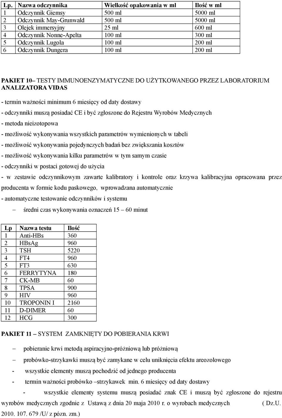 daty dostawy - odczynniki muszą posiadać CE i być zgłoszone do Rejestru Wyrobów Medycznych - metoda nieizotopowa - możliwość wykonywania wszystkich parametrów wymienionych w tabeli - możliwość