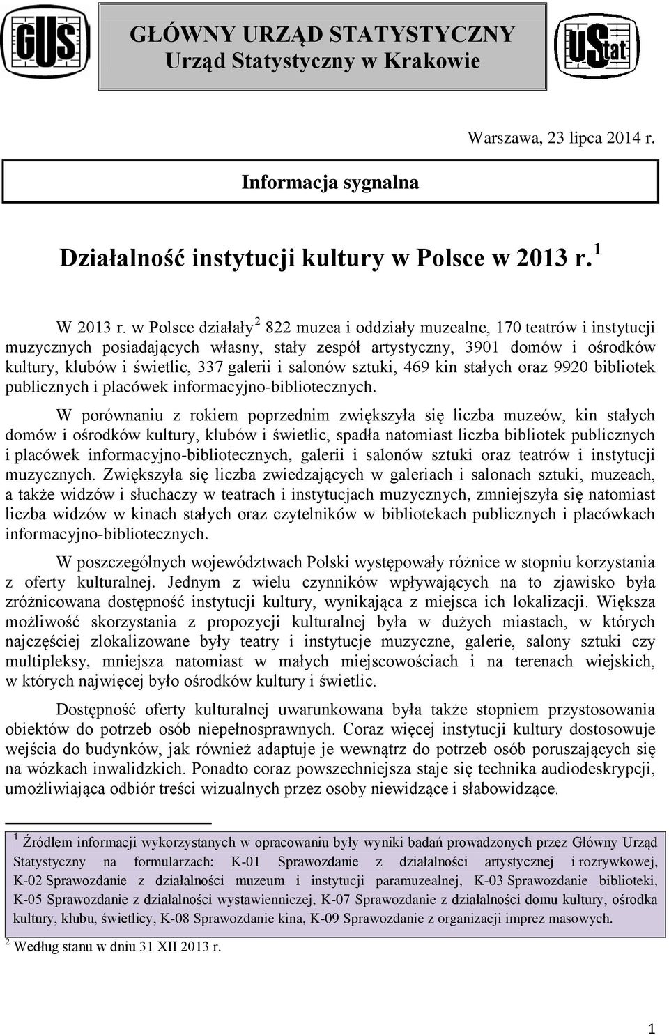 salonów sztuki, 469 kin stałych oraz 9920 bibliotek publicznych i placówek informacyjno-bibliotecznych.