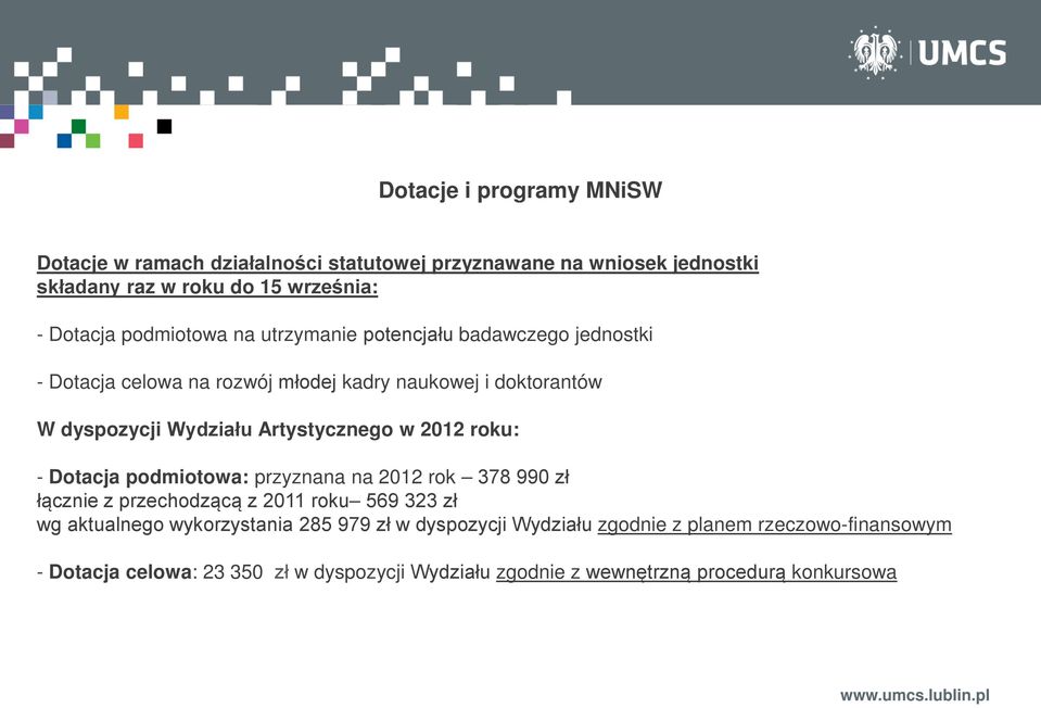 Artystycznego w 2012 roku: - Dotacja podmiotowa: przyznana na 2012 rok 378 990 zł łącznie z przechodzącą z 2011 roku 569 323 zł wg aktualnego
