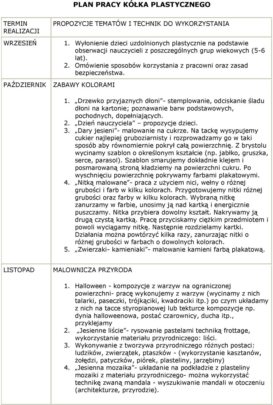 PAŹDZIERNIK ZABAWY KOLORAMI 1. Drzewko przyjaznych dłoni - stemplowanie, odciskanie śladu dłoni na kartonie; poznawanie barw podstawowych, pochodnych, dopełniających. 2.